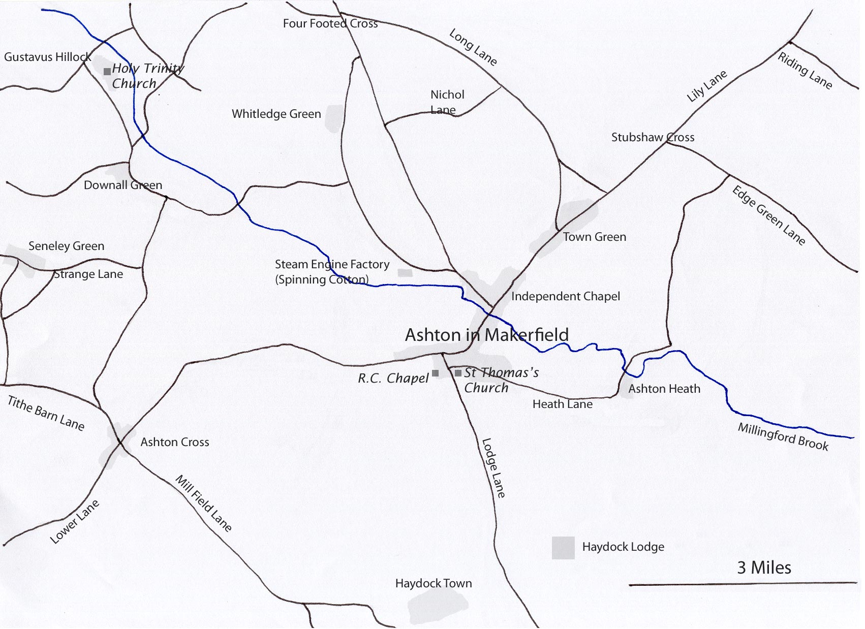 A sketch map, drawn by Alison Wearing, of the area around the town of Ashton in Makerfield. The map is based on the Ordinance Survey Map Epoch 1 Lancashire Tile No 101 circa 1845
