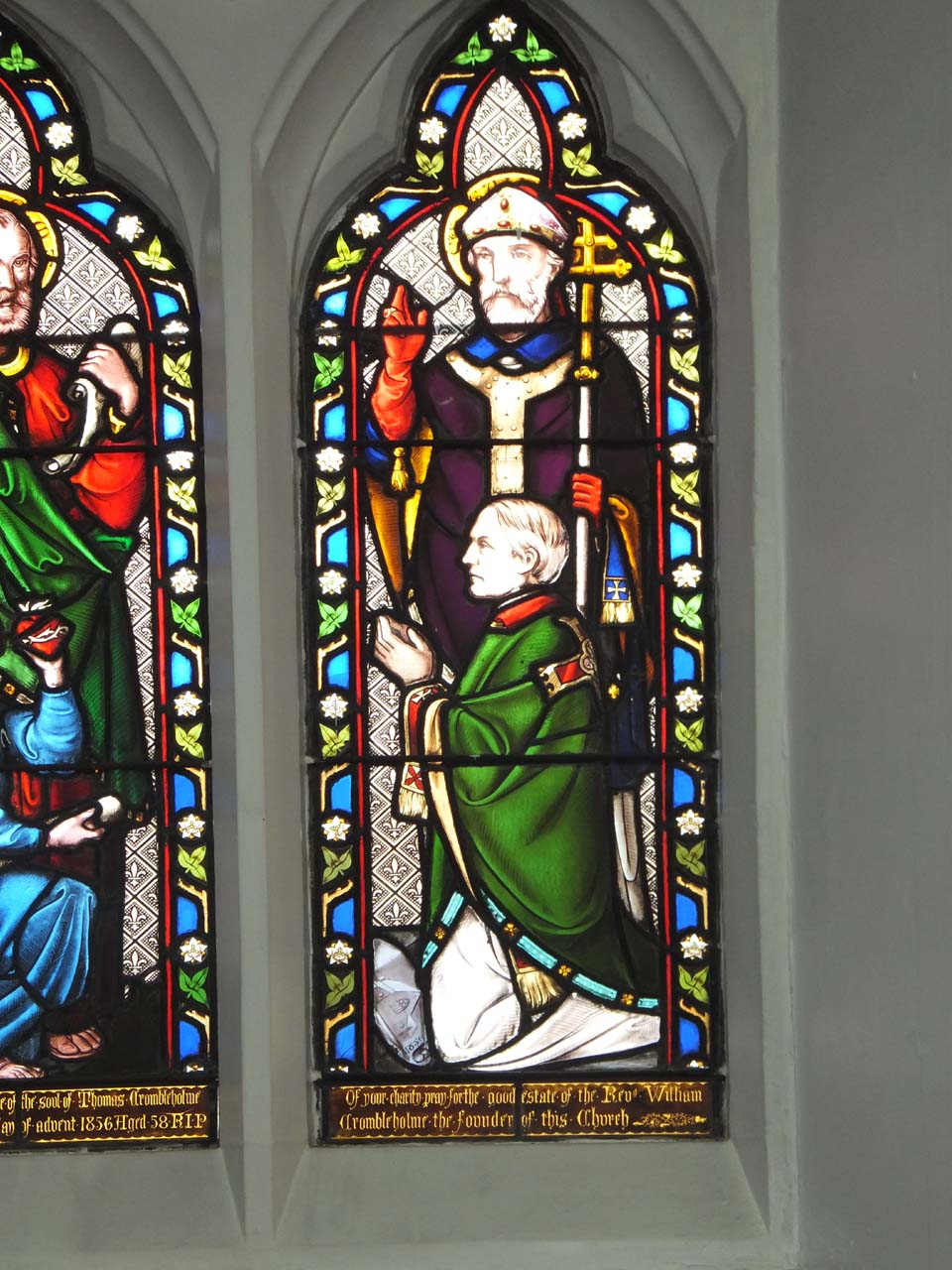 Stained Glass Window of Father Crombleholme at St Ann. Photograph supplied by and  of Leslie Beck 2014