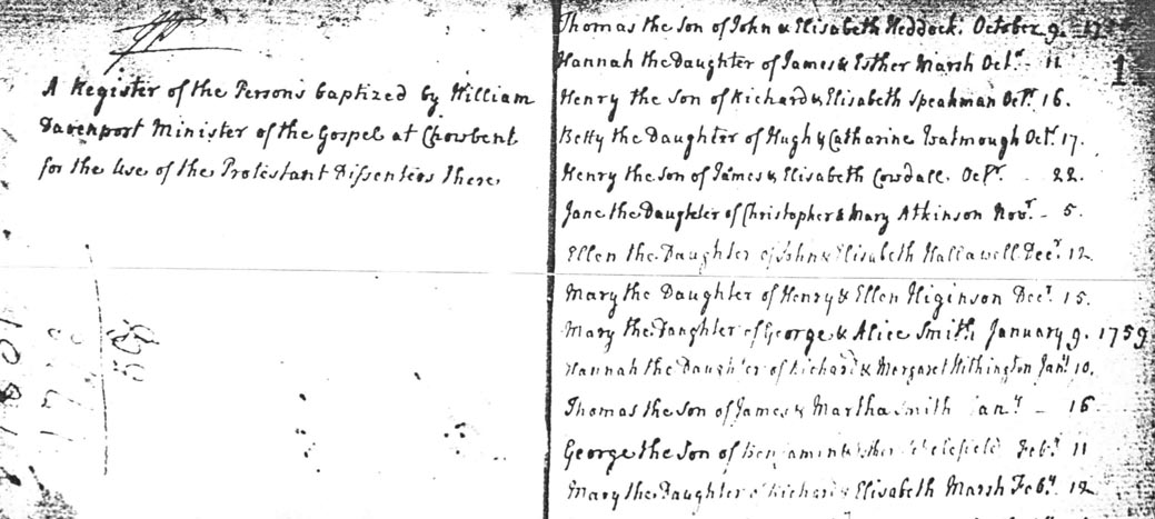Part of the first page of the 1st Register Book of baptisms at Chowbent Chapel