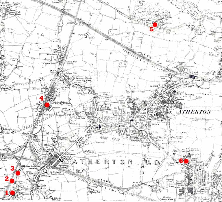 Atherton in 1909. Map width is 2.9 km. Collieries are 1. Howe Bridge; 2. Crombouke Day-Eye; 3. Lovers Lane; 4. Gibfield; 5. Pretoria; 6. Chanters