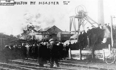 Pretoria Pit just after the explosion on 21 December 1910. Smoke from the underground fires can be seen pouring through the headgear of No.3 shaft. Photo by courtesy of Bolton Evening News