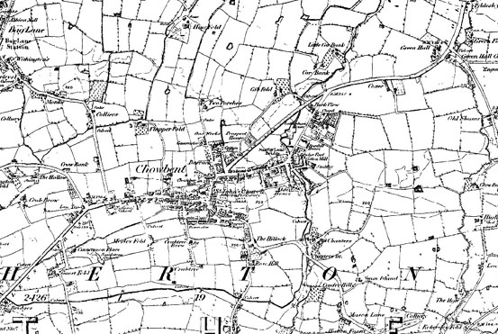 Atherton in 1849, map is c.2.4km across; image produced from the www.old-maps.co.uk service with permission of Landmark Information Group Ltd. and Ordnance Survey