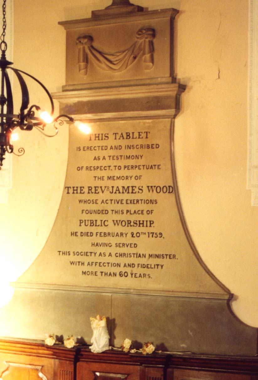 Memorial to Parson James Wood above the pulpit in Chowbent Chapel. Photo by Peter Wood 15 Dec 2003