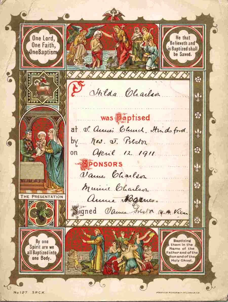 Baptism certificate for Hilda Charlson