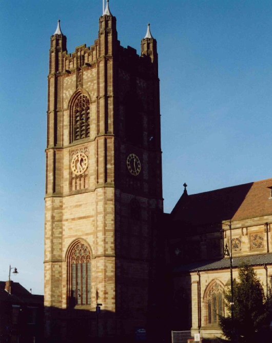 St John the Baptist, Atherton parish church., view from Tyldesley Road. Photo by Peter Wood 22 Dec 2003