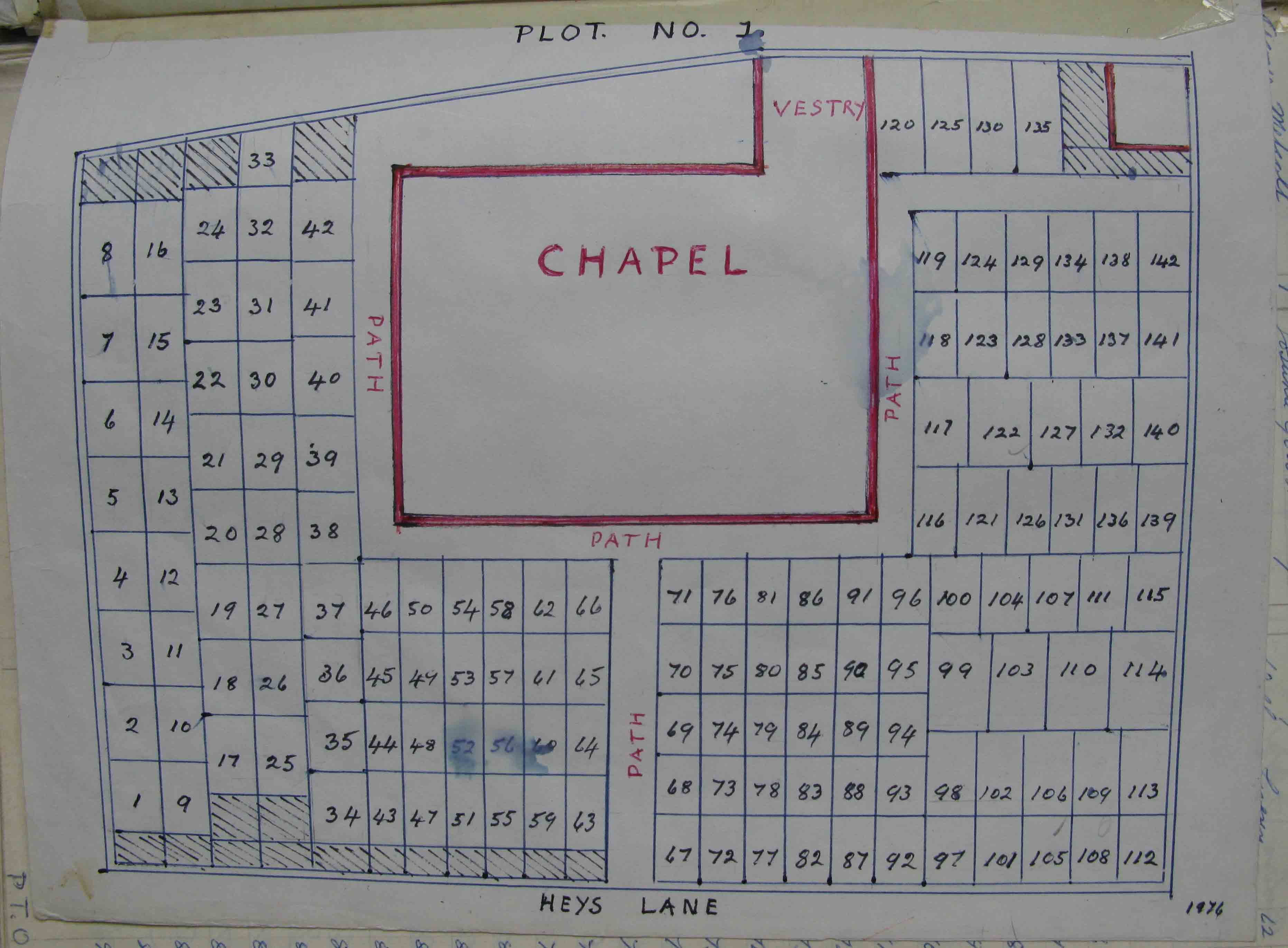 A Map of Plot 1 in the Cemetery at New Row Methodist. A higher resolution image is available by clicking the link on the image. This file is over 1Mbyte in size. To download this map to your computer, right click and select 'save Target/Link as'. Do not select 'save image' or you will just get the lower resolution image seen on this page.