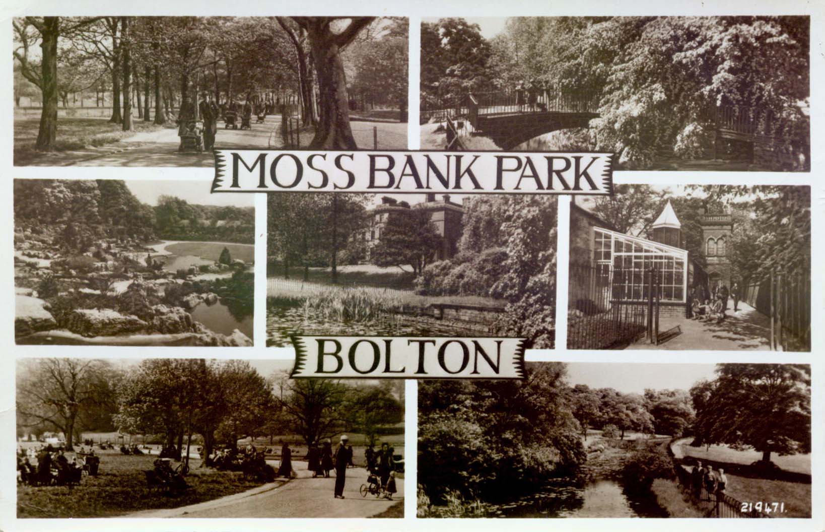 Post Card with several views of Moss Bank Park