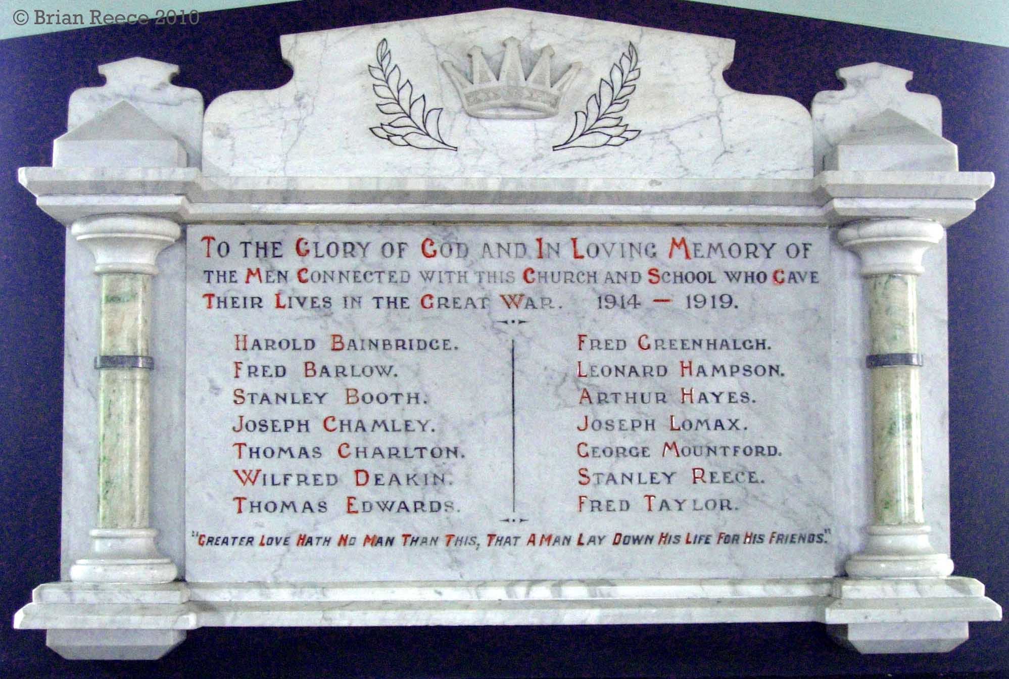 WW1 Roll of Honour at Cleggs Lane Methodist Church, Little Hulton