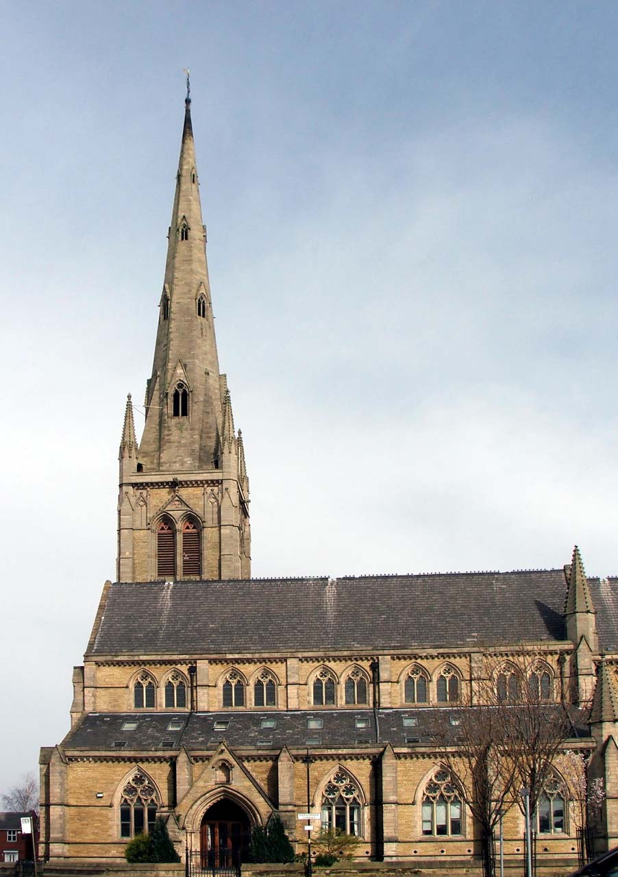 St Mary Hulme, view of spire from Parsonage St. Photograph supplied by and  of Barbara Holt
