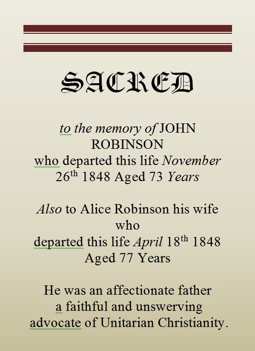 Transcript of the Gravestone. Photograph supplied by and  of Ian Robinson