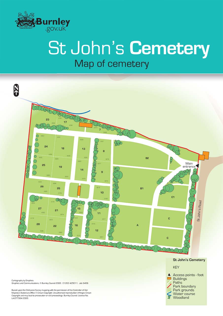 A Map of Padiham Cemetery, Presented here with kind permission of Burnley Council
