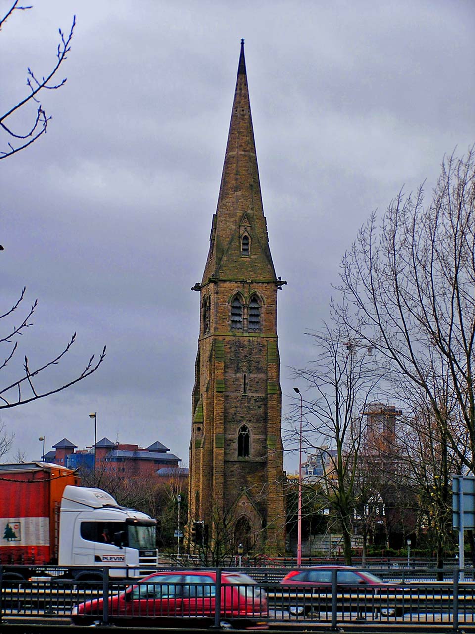 The lone Spire of Stowell Memorial Church Photograph courtesy of Edward Smith