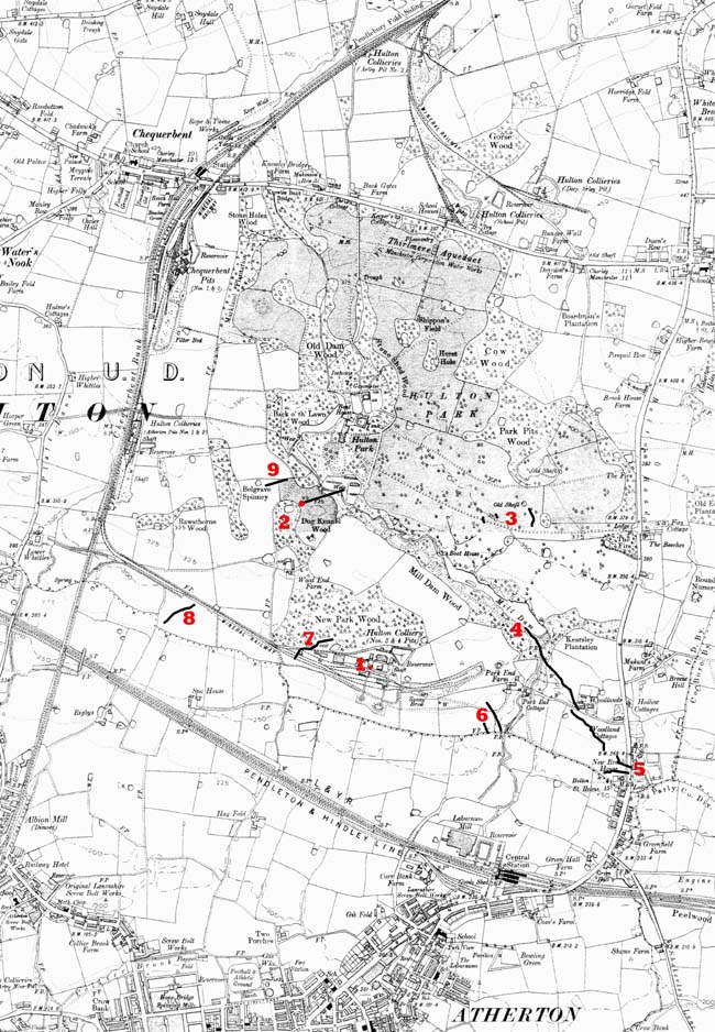 Map showing the Hulton Colliery Co. pits around Hulton Park. Westhoughton town centre is off the map to the west of Chequerbent. Taken from the OS 1909 6in. to 1 mile Edition sheets Lancashire XCIV SE & NE. The map is 1.5 miles (2.42km) across. The working coal faces at the time of the disaster are shown as thick black lines. Marked in red are: 1. Pretoria Pit No.3 shaft.  2. Epicentre of the explosion at the North Plodder No.2 coal face (red circle).  3. Yard Mine East Jig District. 4. Downbrow District, NW end of the Yard Mine coal face. 5. Downbrow District, SE end of the Yard Mine coal face (furthest point from the explosion origin). 6. South Plodder District. 7. Three Quarters Mine District. 8. Top Yard District. 9. North Plodder No.1 coal face