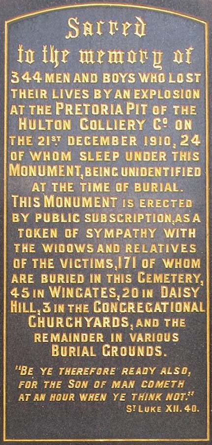 The plaque in memory of the Pretoria dead on the cenotaph in Westhoughton Cemetery