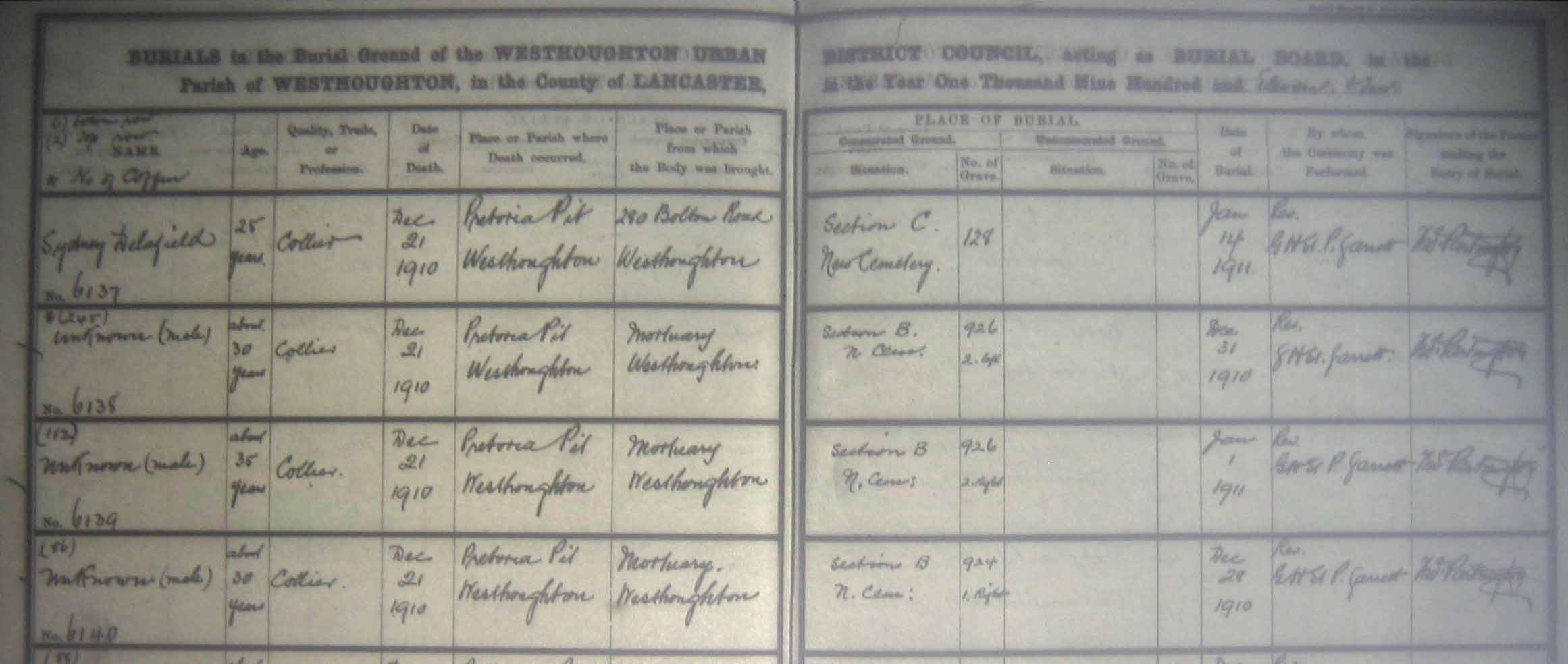 Entries in Westhoughton Cemetery burial register. Sydney Delafield was body No.333 recovered on 12  Jan 1911. After him, the register records the earlier burials of unidentified bodies