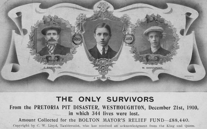 Postcard of three survivors. William Davenport and Joseph Staveley were the only survivors in No.3 Pit. John Sharples was in No.4 Pit, and taken to hospital gassed. There were others from No.4 Pit who suffered similarly, but the story of the 3 survivors passed into oral tradition