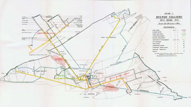 Plan 1 from Redmayne (1911) report on the disaster, showing the layout of No3. Pit districts, airflows and electrical equipment. For scale, the rectangular box around the shafts is 375 yards (343m) across