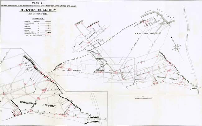 Plan 2 from Redmayne (1911) report on the disaster, showing where the bodies lay, and where many would have been working before the explosion