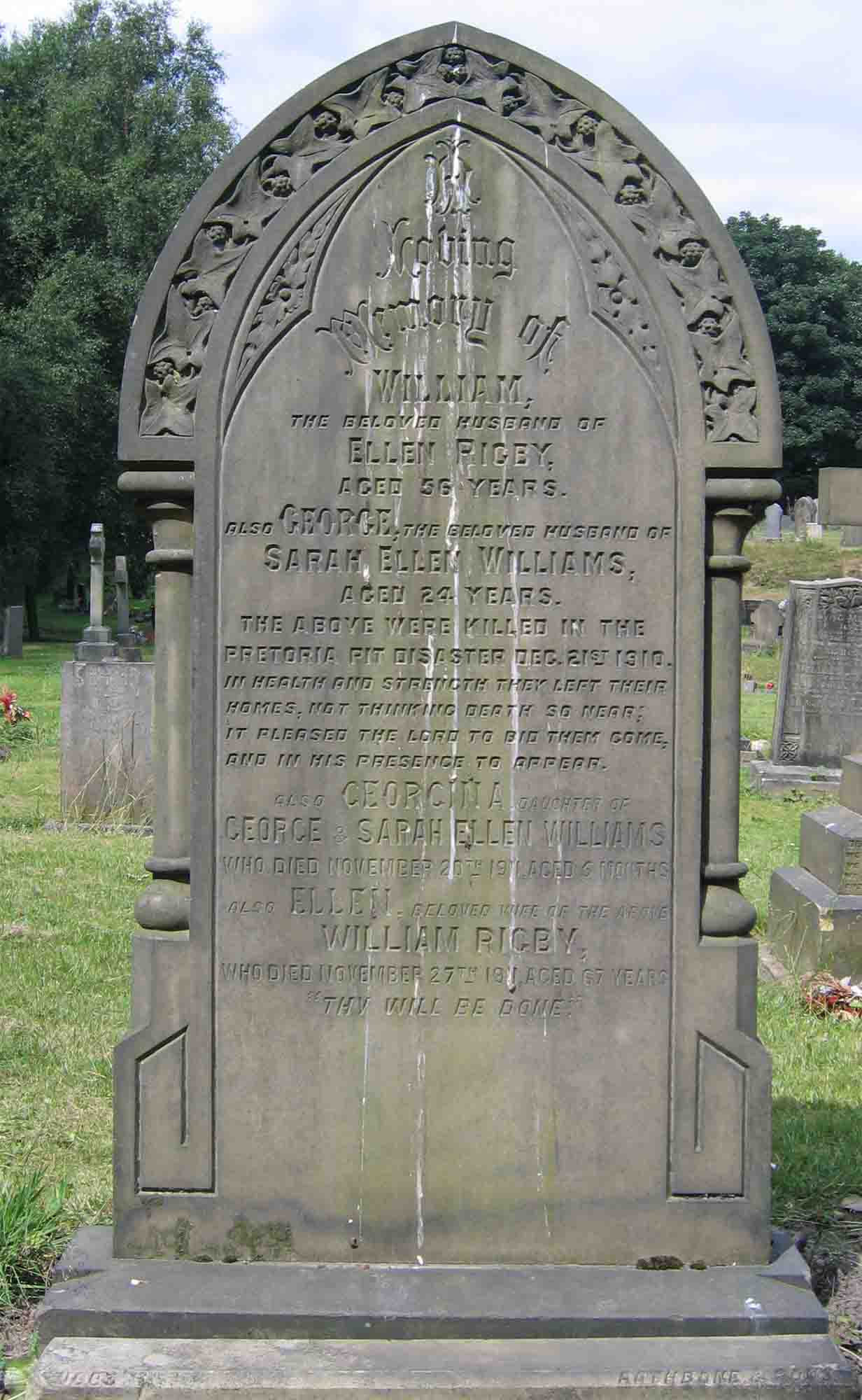 A conventional gravestone for William Rigby and his grandson George Williams in Atherton Cemetery. Photo by Peter Wood, July 2005