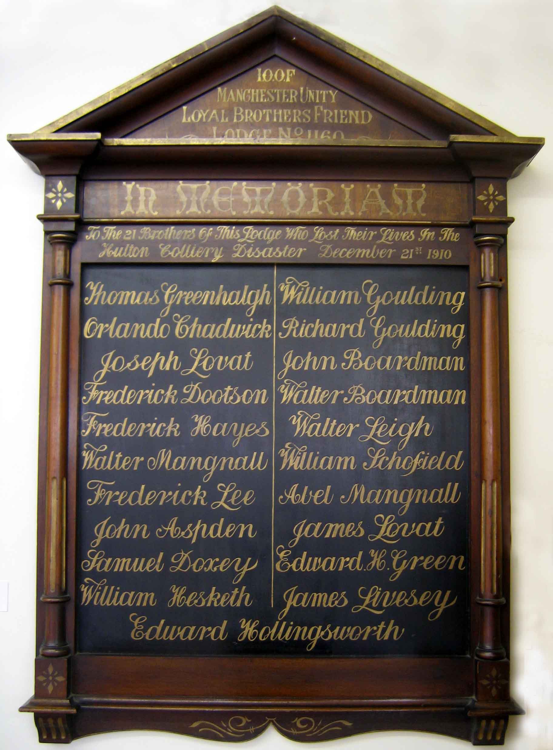 Independent Order of Odd Fellows memorial in Westhoughton Library. Photo by Peter Wood July 2007.