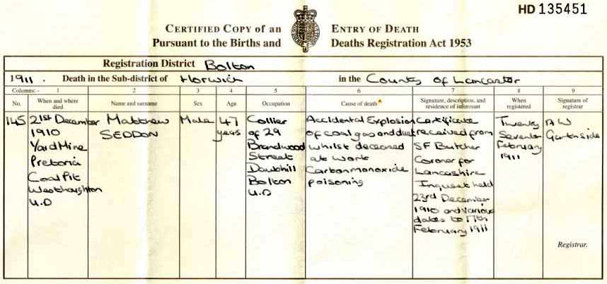 Death Certificate of Matthew Seddon senior