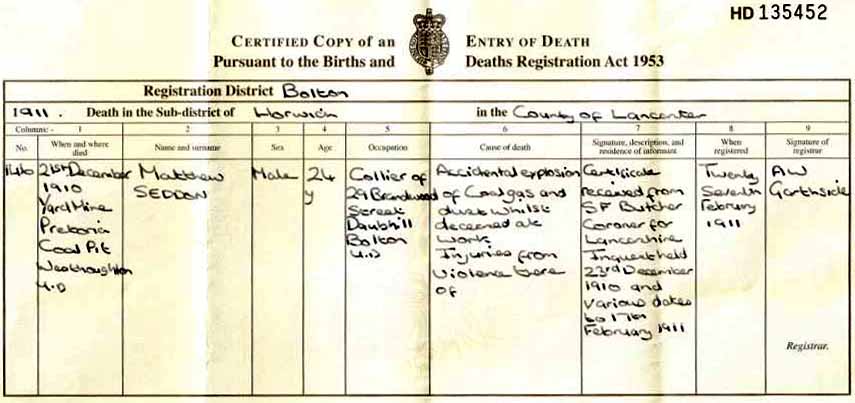 Death Certificate of Matthew Seddon junior