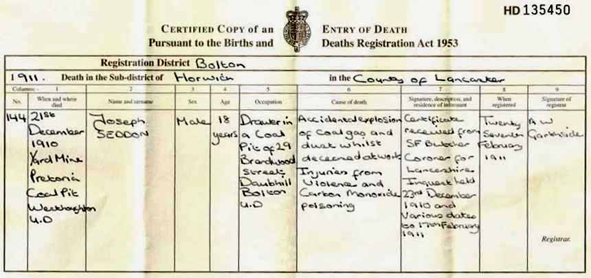 Death Certificate of Joseph Seddon