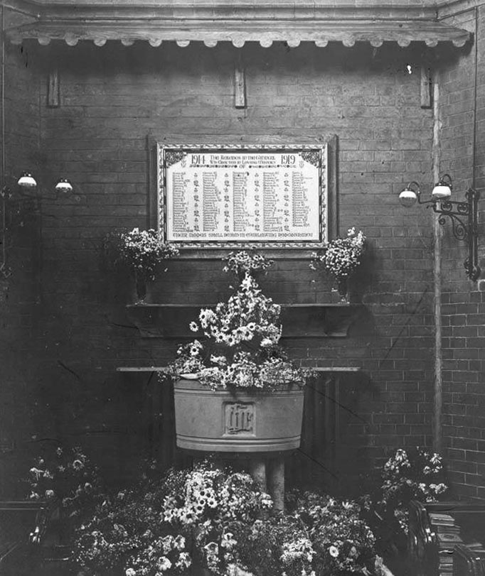The WWI memorial and font at the original St Mary