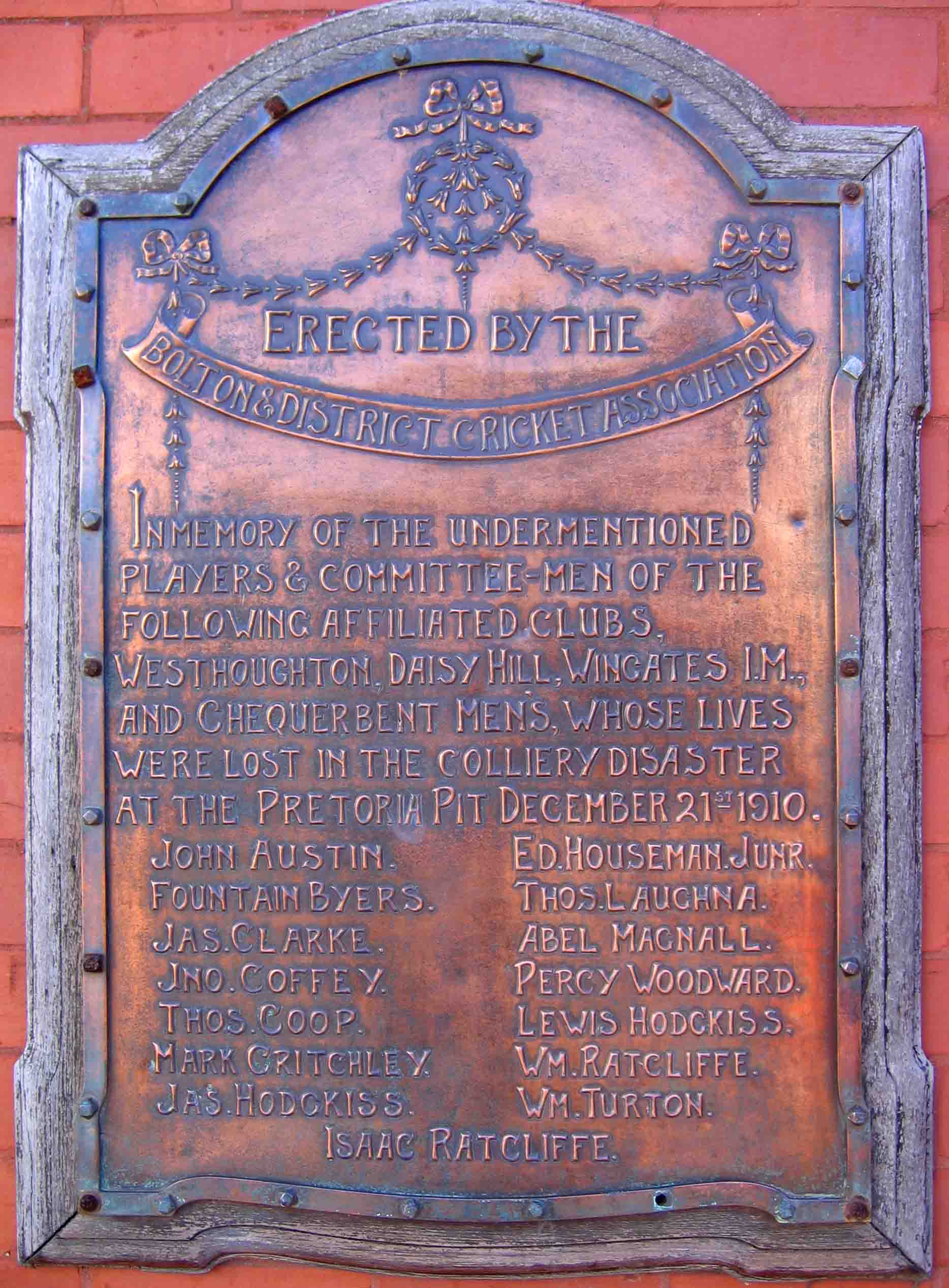 Bolton & District Cricket Association memorial: Westhoughton Town Hall. Photo by Peter Wood July 2007.