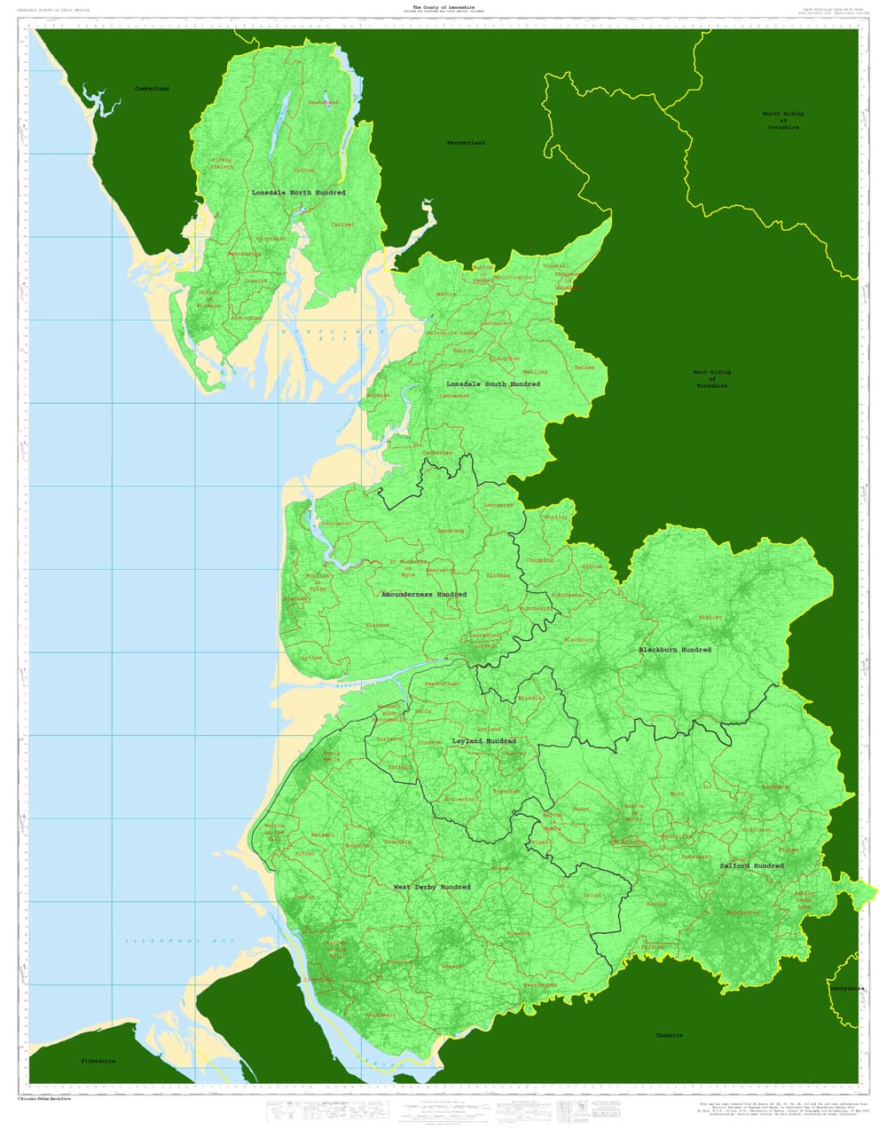 A Map of the County of Lancashire showing the Hundreds and the ancient Parishes